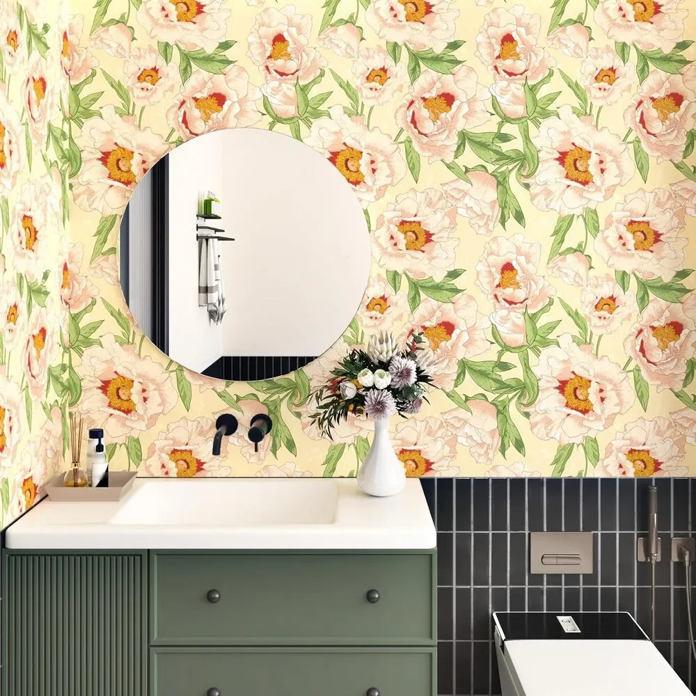 Blooming Big Peony with Green Leaf Textured Peel and Stick Wallpaper 17.5x102 in